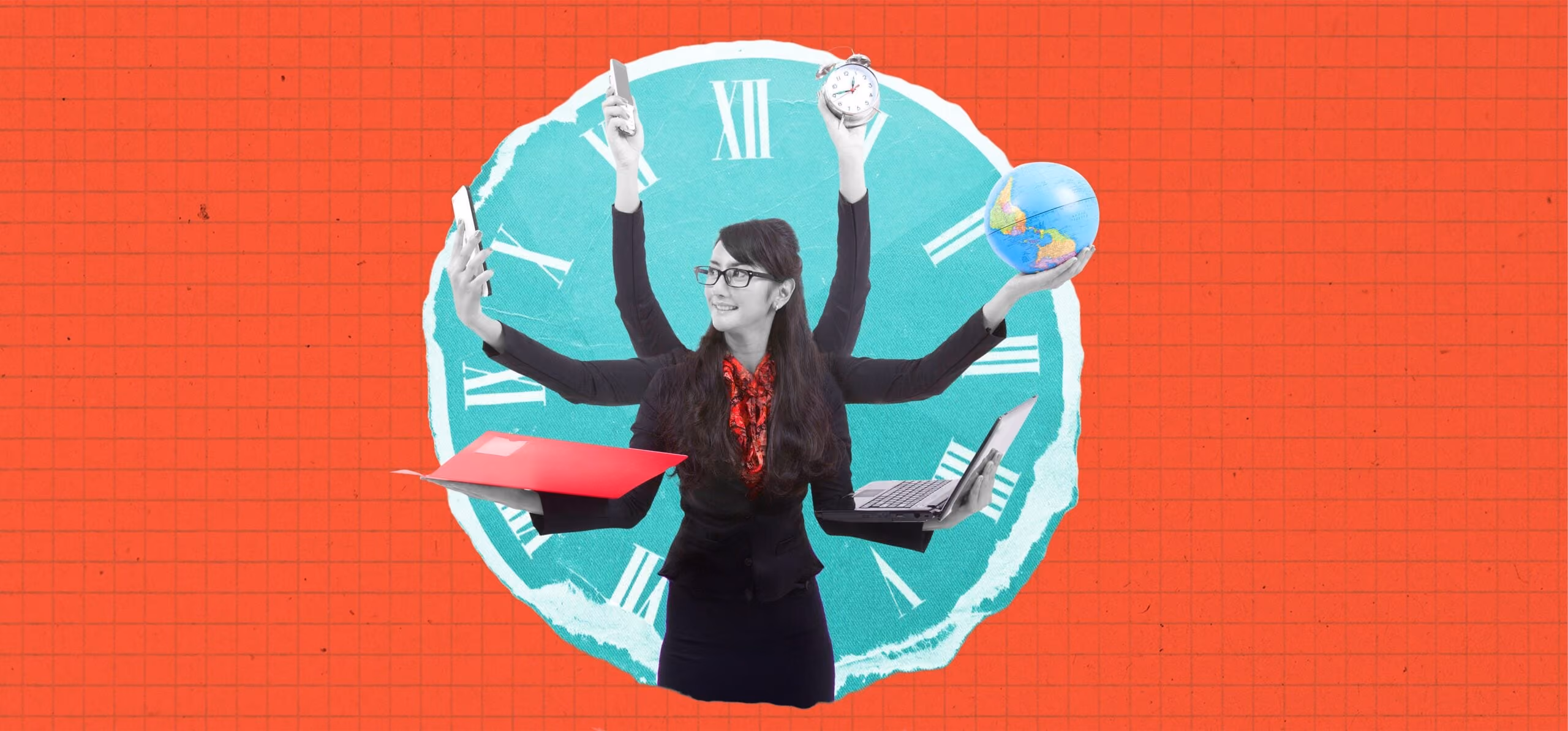 Woman with six arms holding a phone, clock, globe, laptop, and folder, with clock face background.