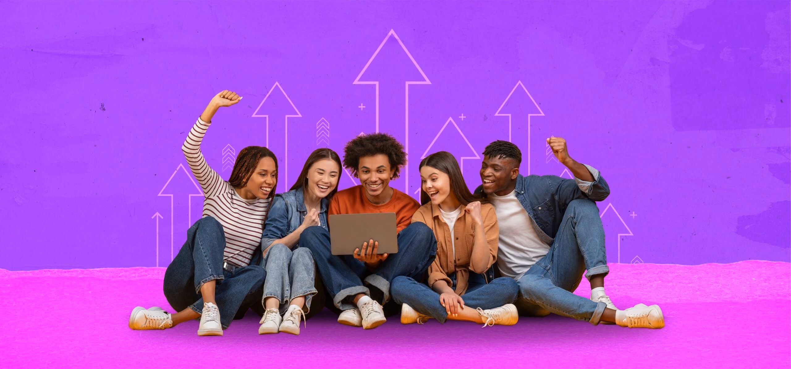 Five young adults sitting on pink floor smiling and looking at a tablet with upward arrow graphics.