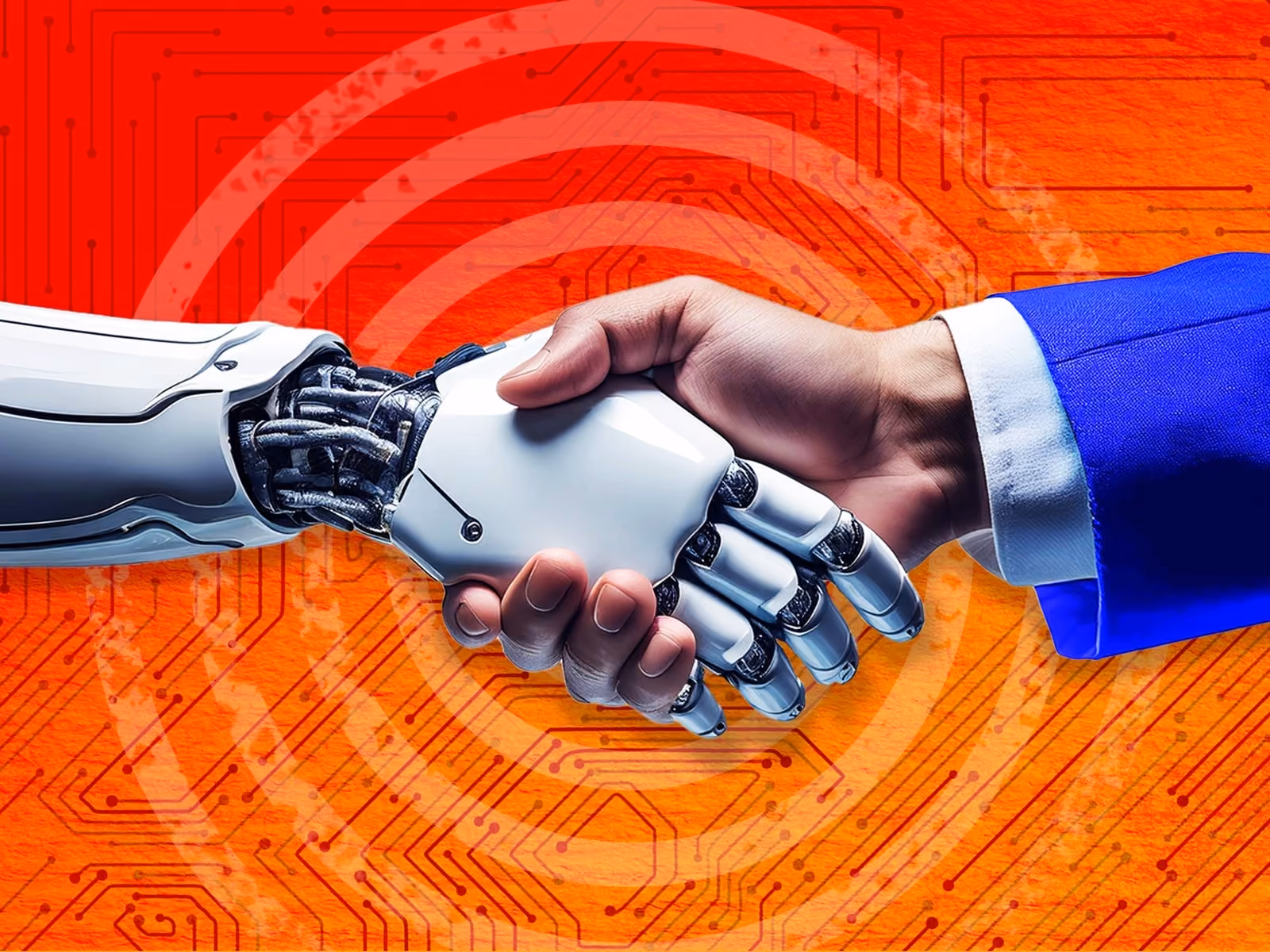 Human hand in blue suit shaking hands with a white robotic hand against an orange circuit board background.