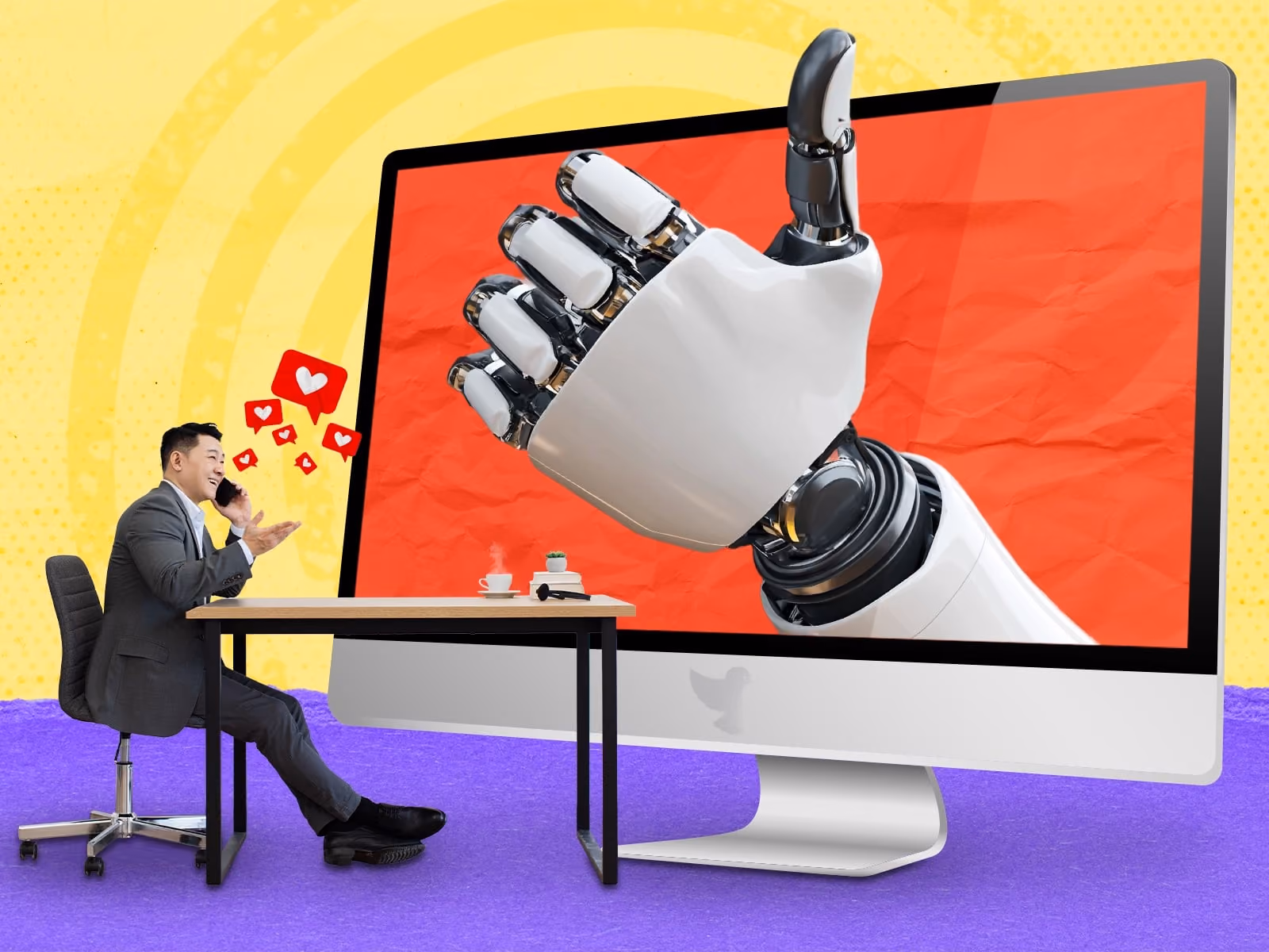 Man in suit on phone with floating heart icons, large robot hand giving thumbs up from computer screen.