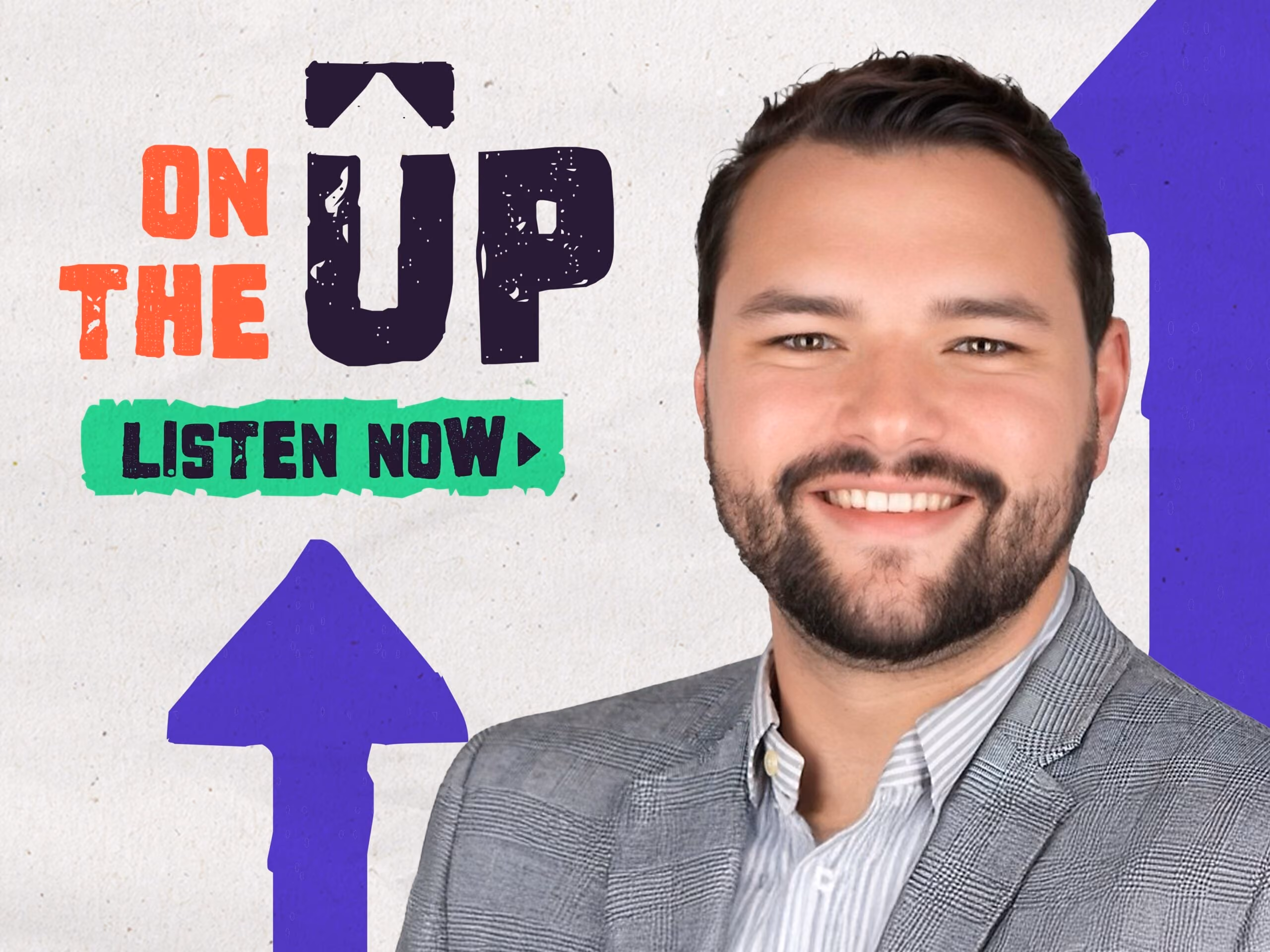 Smiling bearded man in a gray checkered blazer beside colorful text and purple upward arrow.