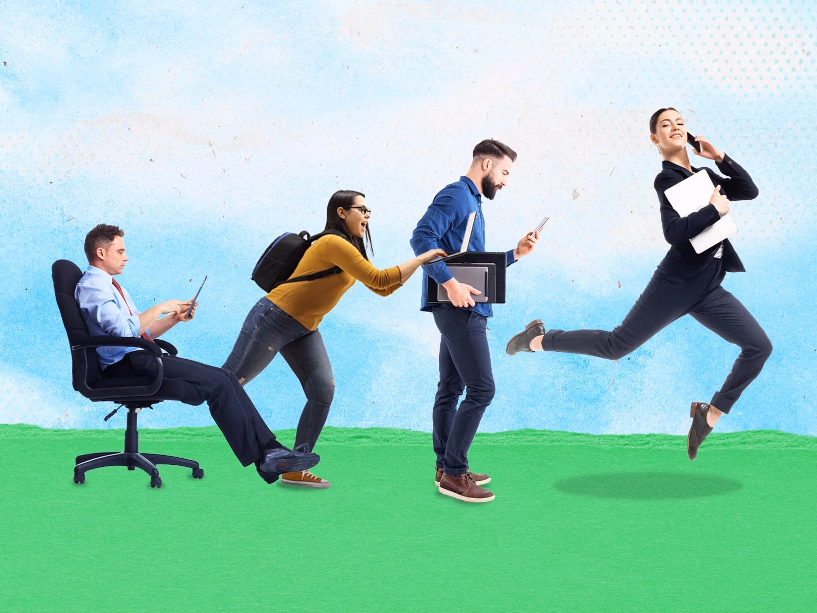 Four people showing the evolution of office work from seated to mobile with devices and briefcase, woman leaping ahead.