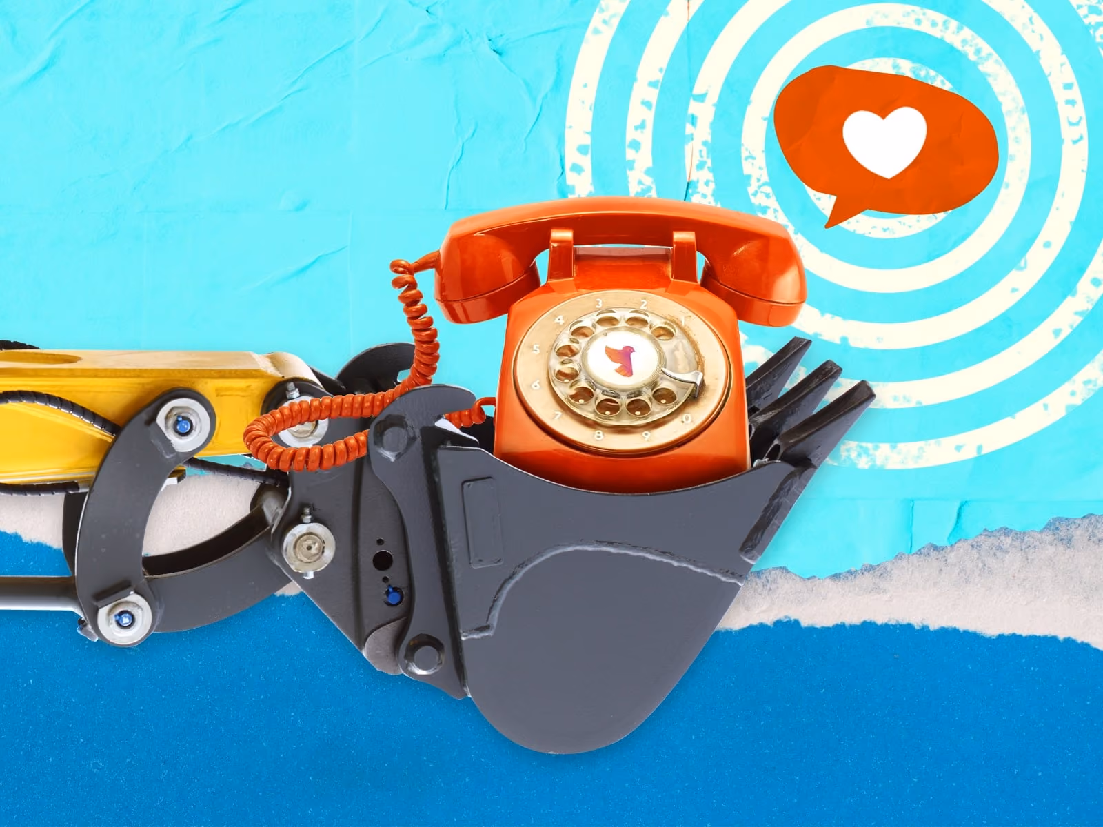 Robotic claw holds a red rotary phone against a blue background with a heart chat bubble graphic.