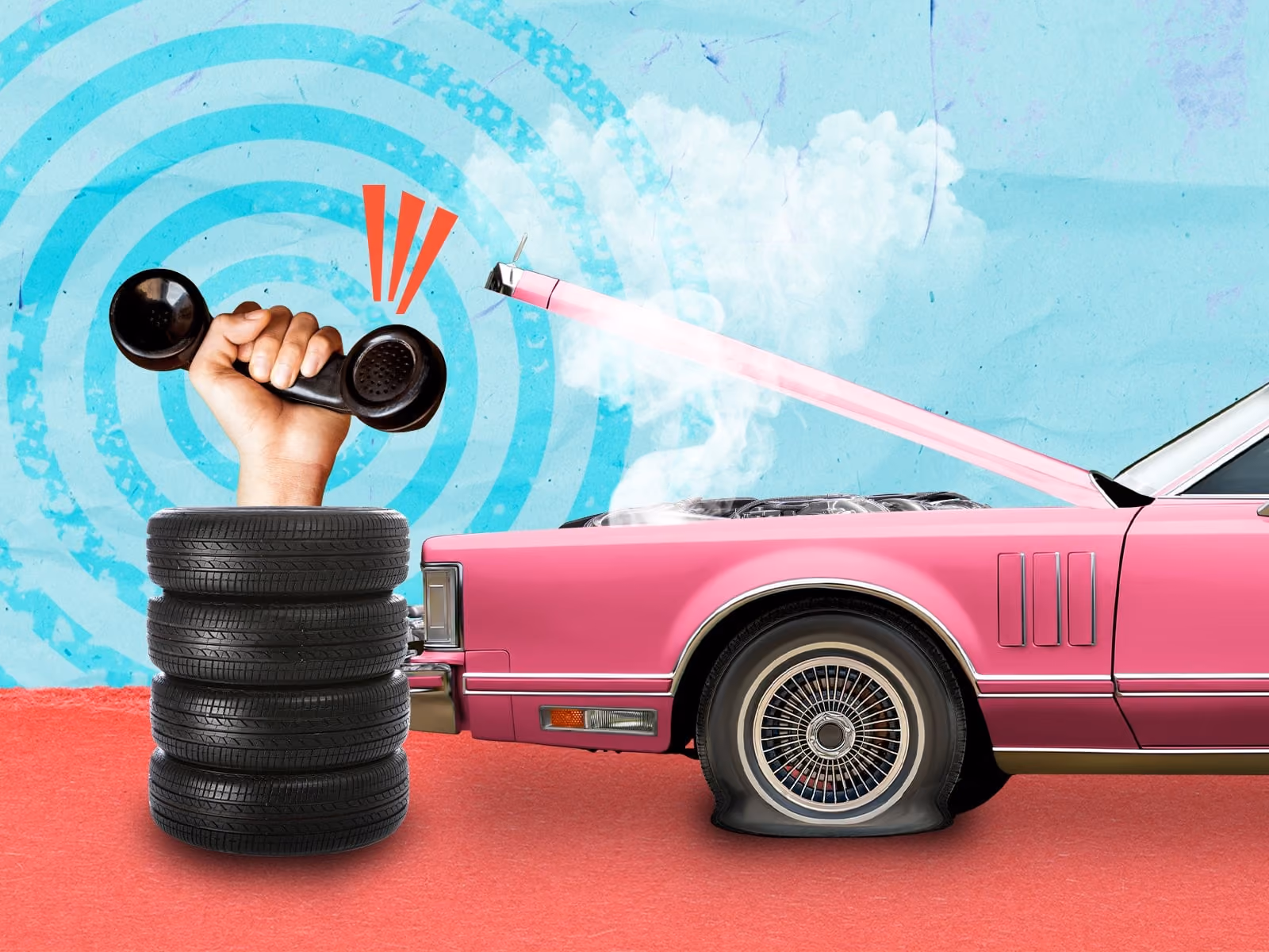 Hand holding a phone handset emerging from stacked tires near a pink car with a flat tire and open hood.