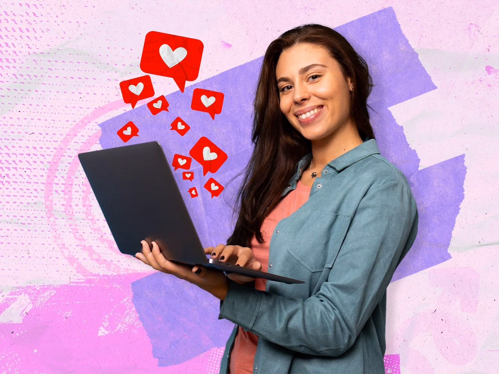 Smiling woman holding a laptop with red heart social media icons floating above it.