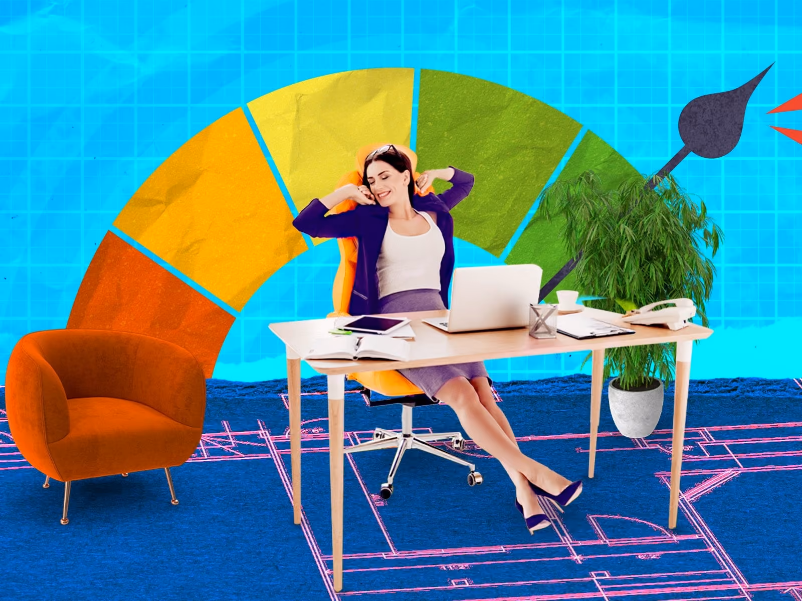 Woman in office chair stretching at desk with laptop, plant, and orange armchair nearby.