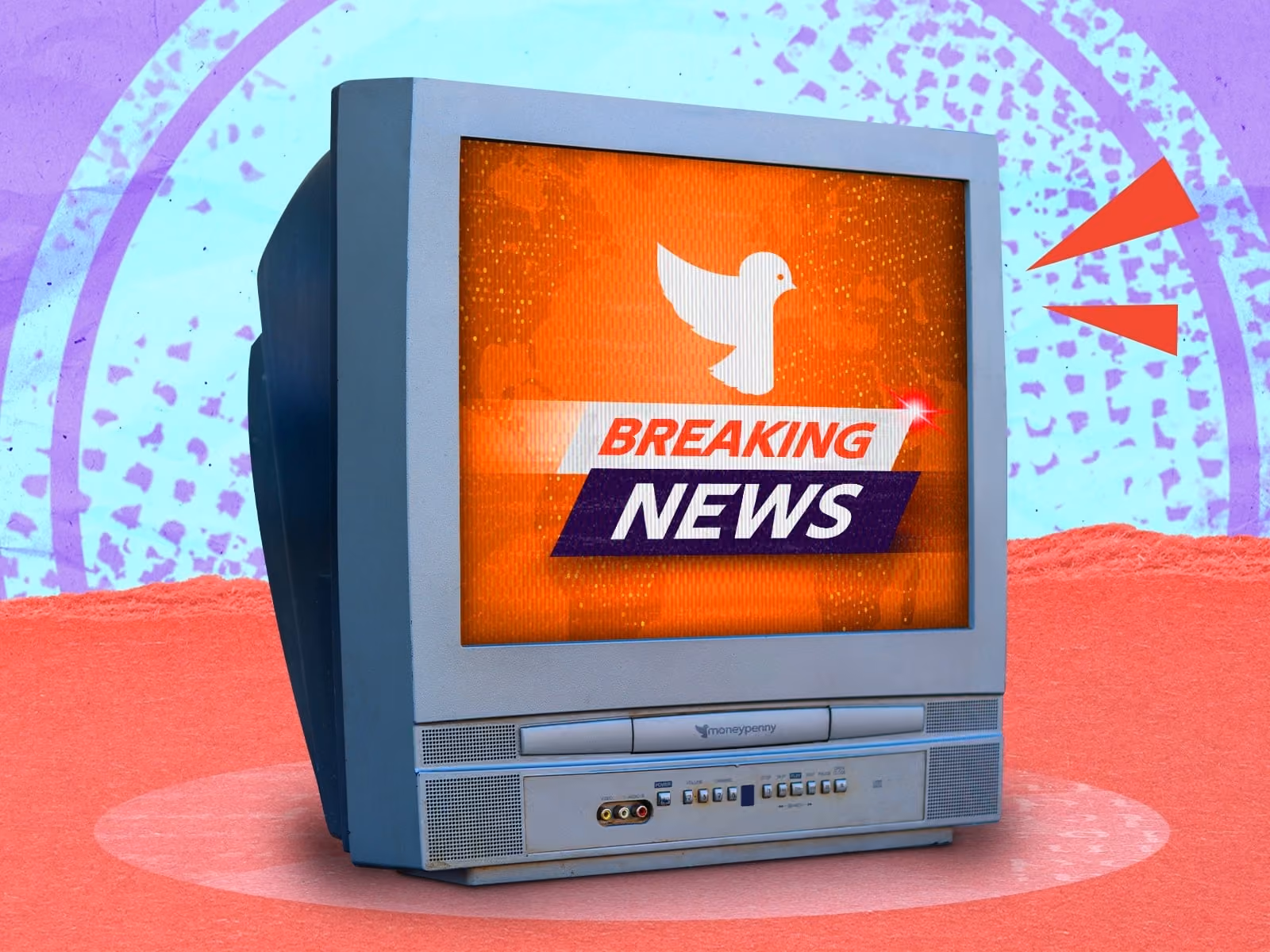 Old TV screen displaying breaking news with a white bird icon on an orange background.