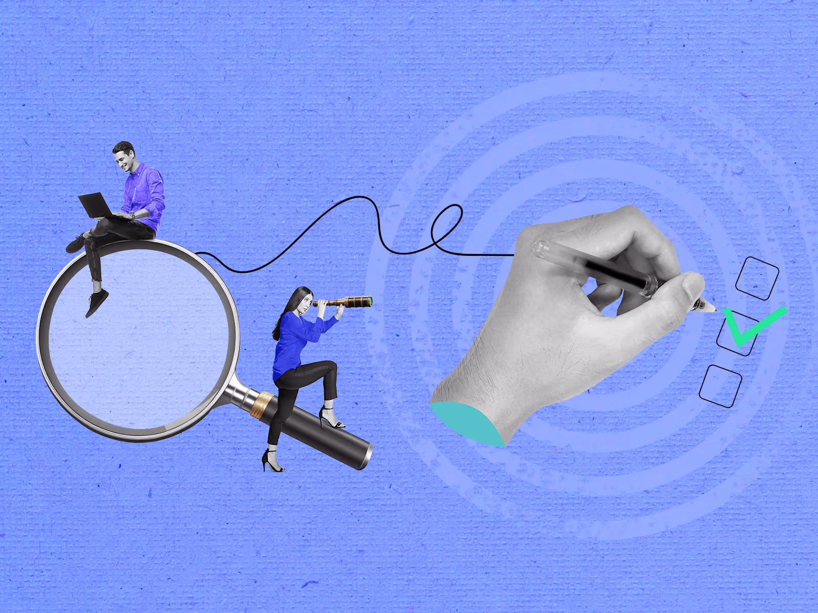 Man on magnifying glass with laptop and woman looking through telescope connected to a checkmark box.