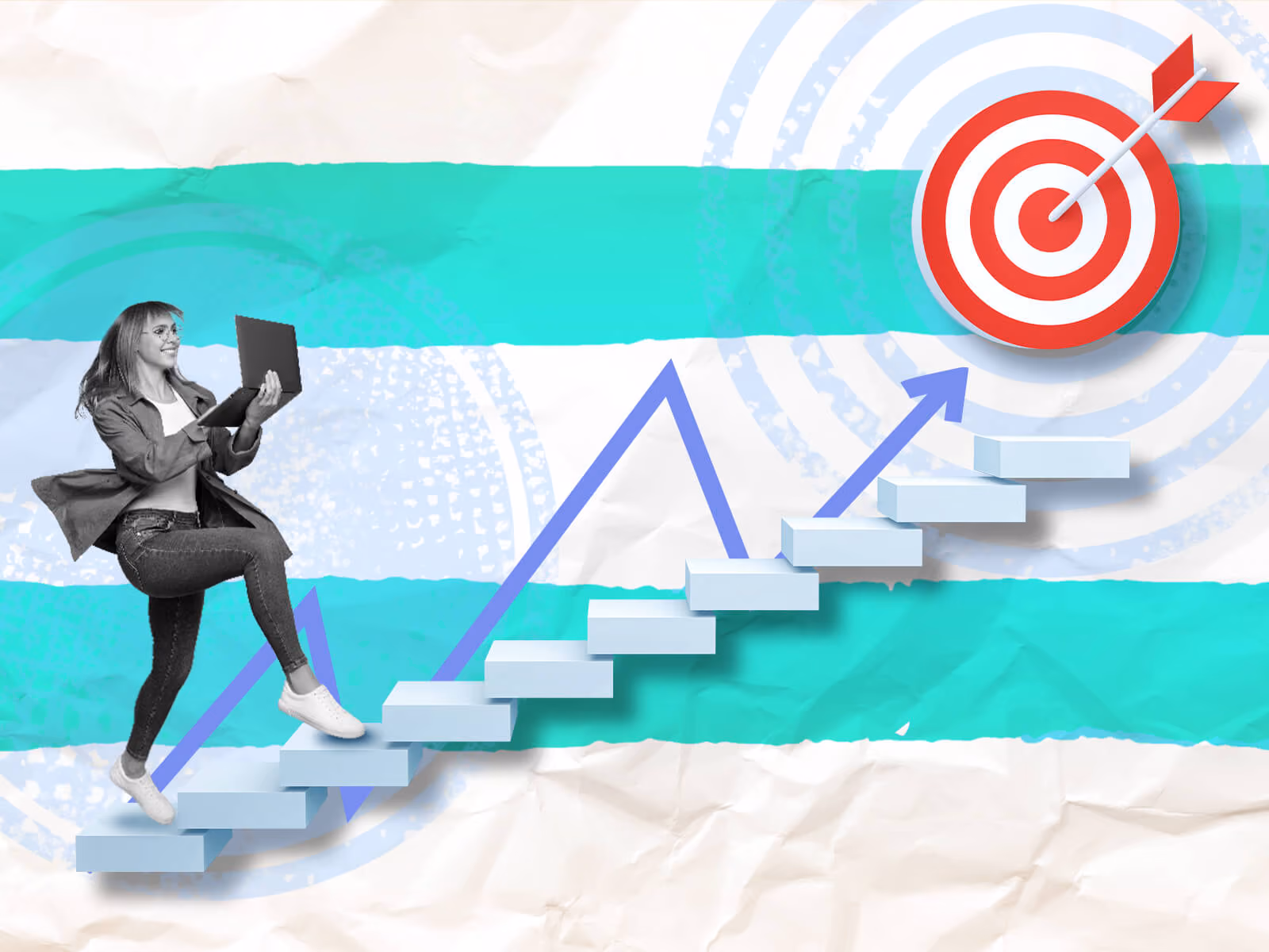Woman with laptop climbing stairs with an arrow aiming at a red and white target bullseye.