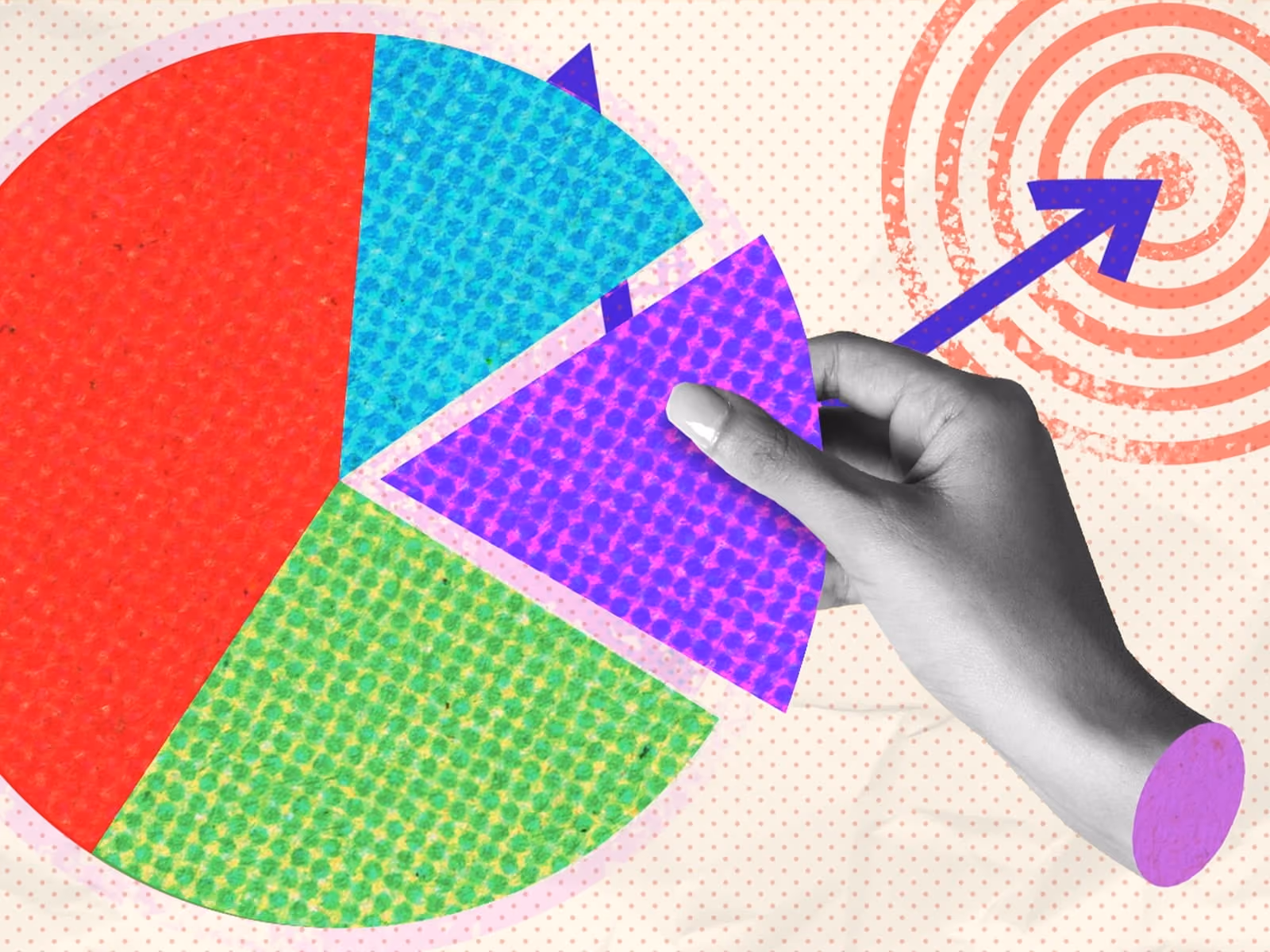 Hand holding a purple pie chart slice with arrow pointing to a red target bullseye.