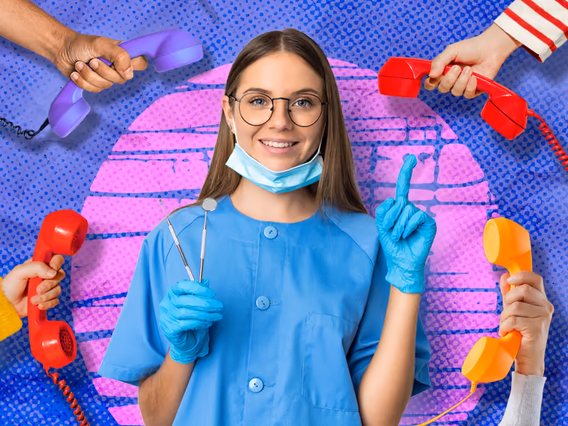 Smiling dental professional in blue scrubs holds tools while surrounded by hands holding colorful phone receivers.