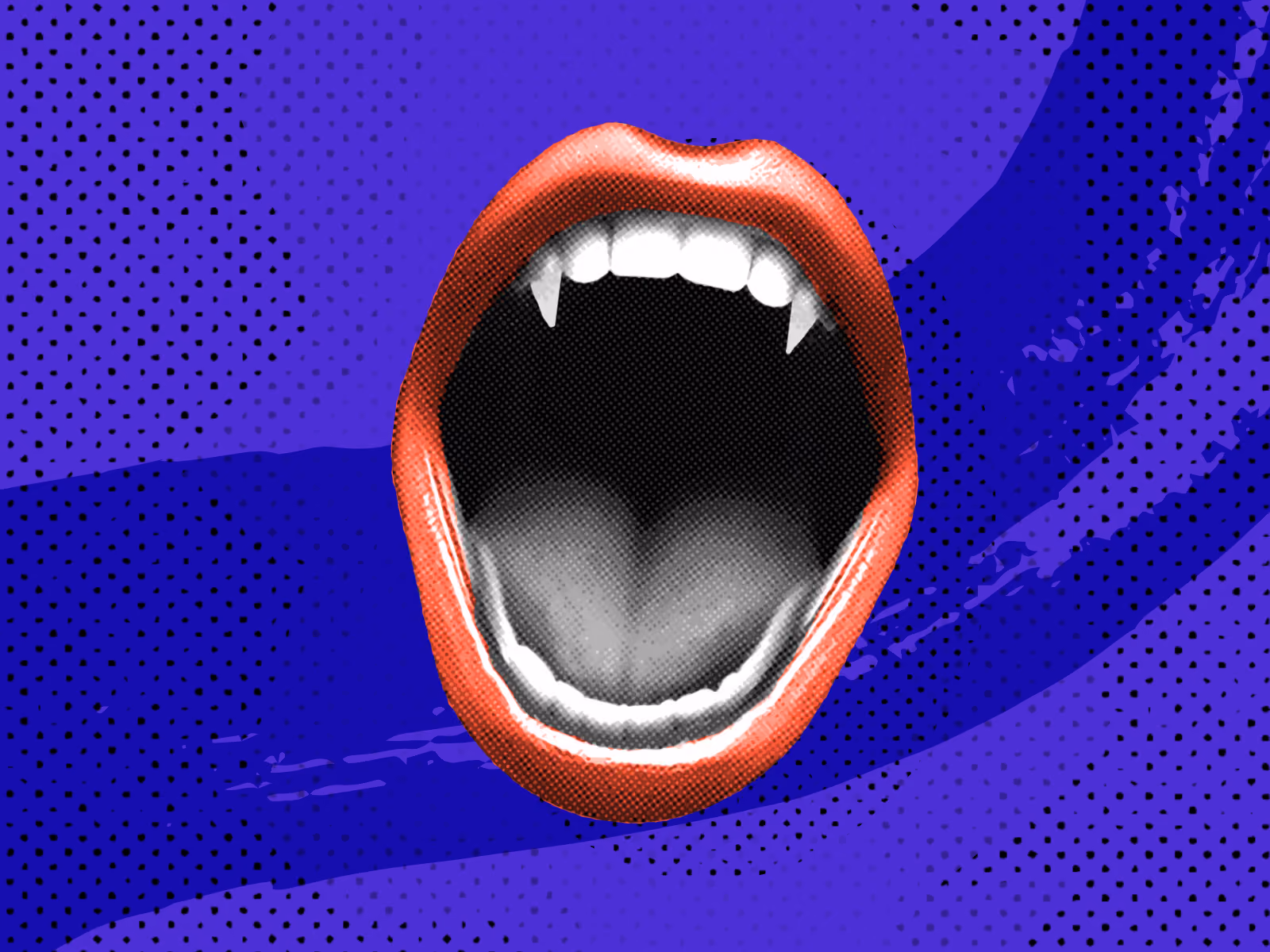 Open red lips with vampire fangs on a purple dotted comic-style background.