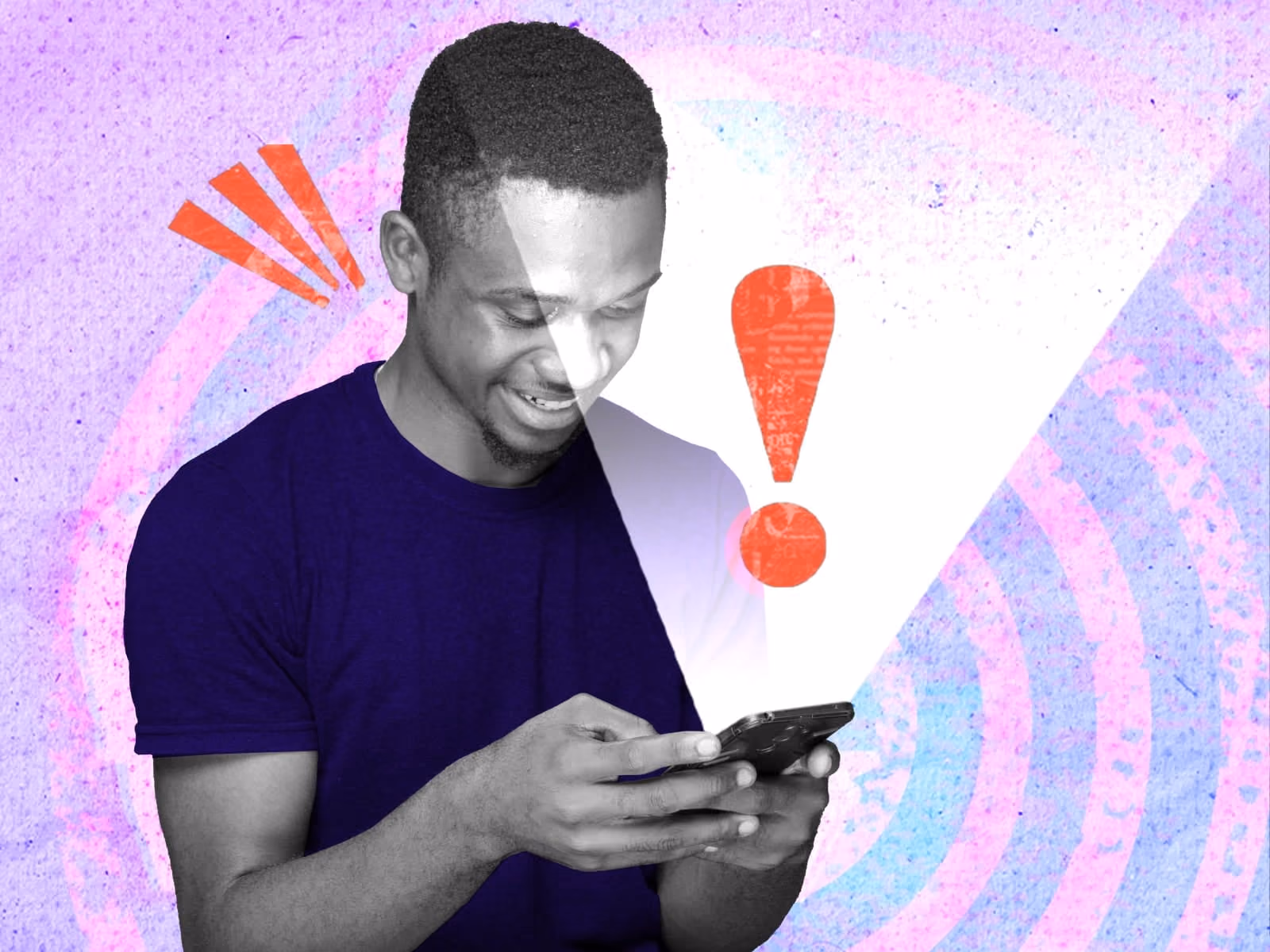 Smiling man in black shirt looking at smartphone with red exclamation mark graphic nearby.