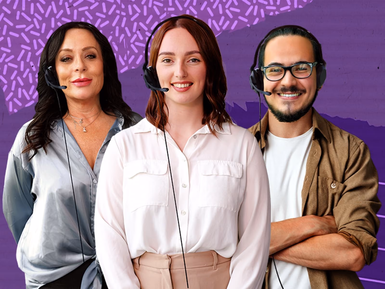 Three customer support agents wearing headsets smiling, standing against a purple background.