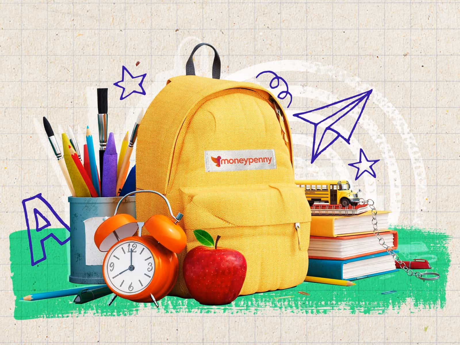 Yellow backpack with moneypenny label surrounded by school supplies including books, apple, and alarm clock.