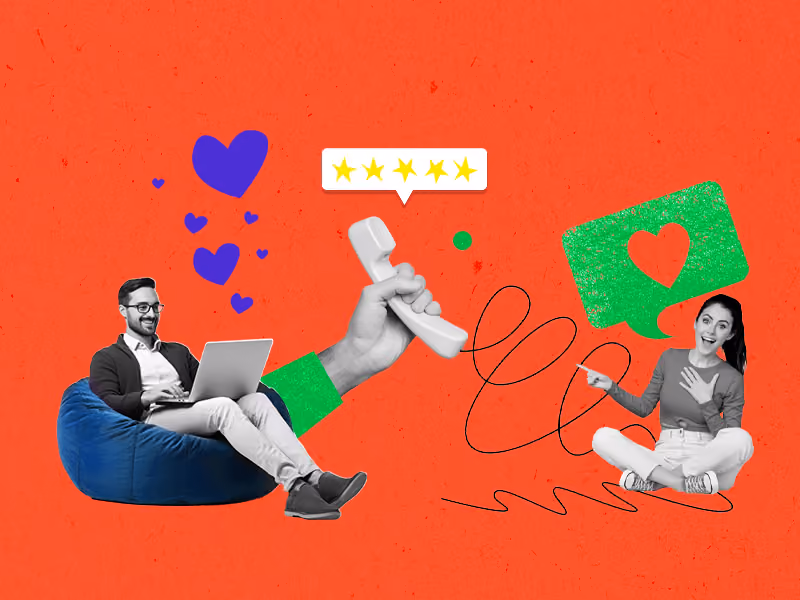 Man with laptop on beanbag and woman sitting cross-legged, connected by phone, hearts, and star rating icons.