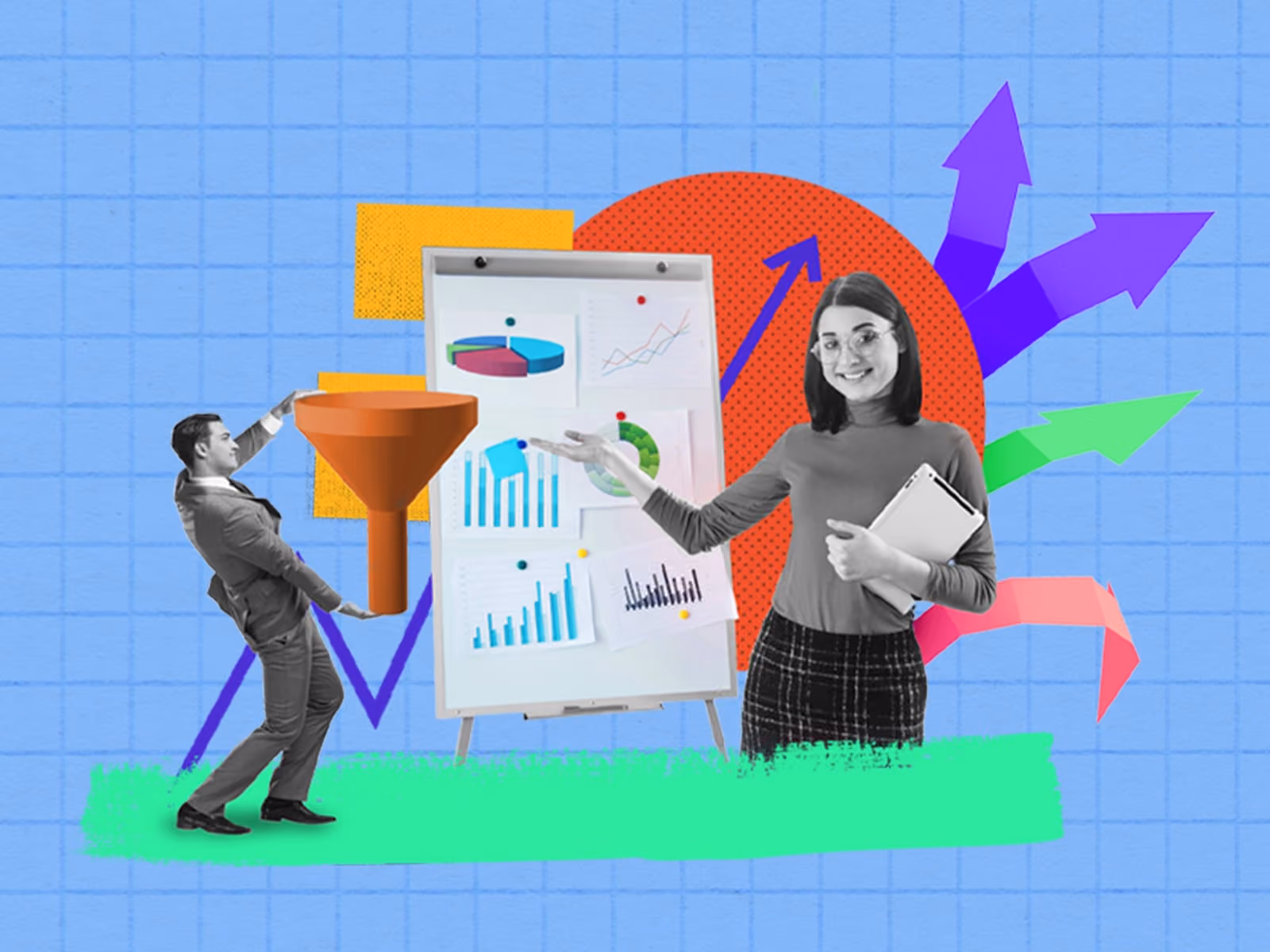 Man holding a large funnel next to a woman presenting charts on a flip chart with arrows behind them.