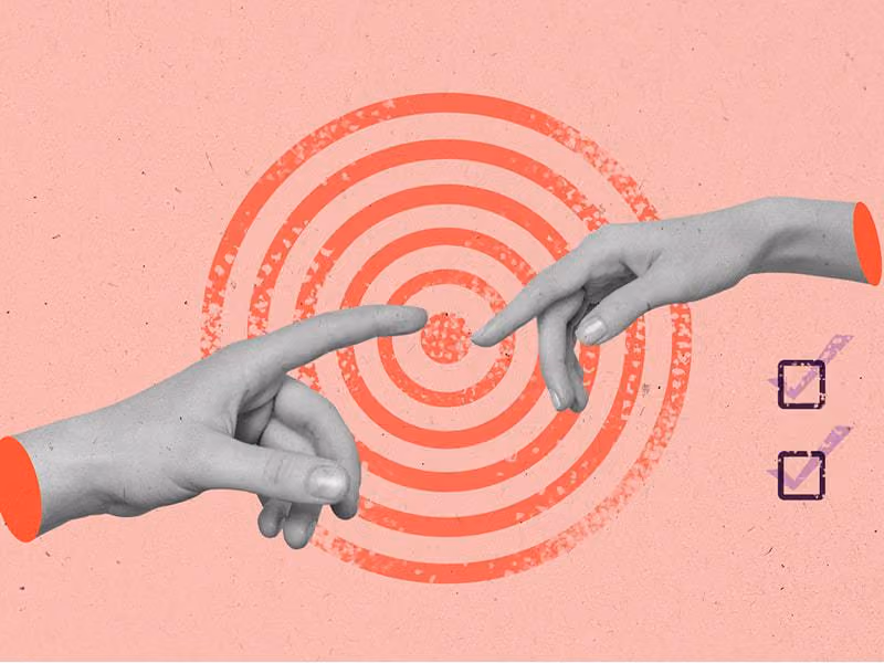 Two disembodied hands almost touching with red concentric circles and two checked checkboxes on the right.