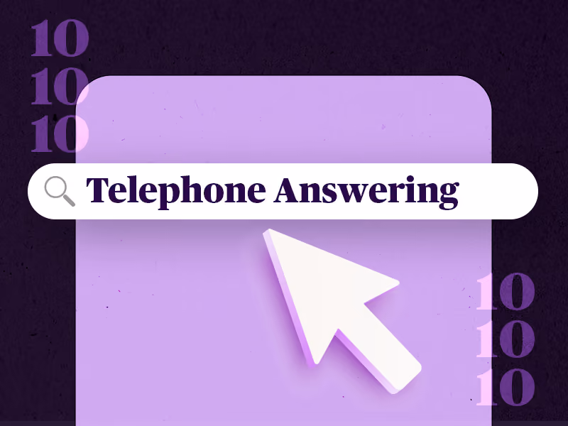 Search bar with text 'Telephone Answering' and a large white cursor on a purple background with repeated 10s.