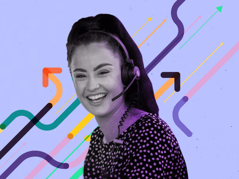Smiling woman with headset in front of colorful abstract arrows on light purple background.