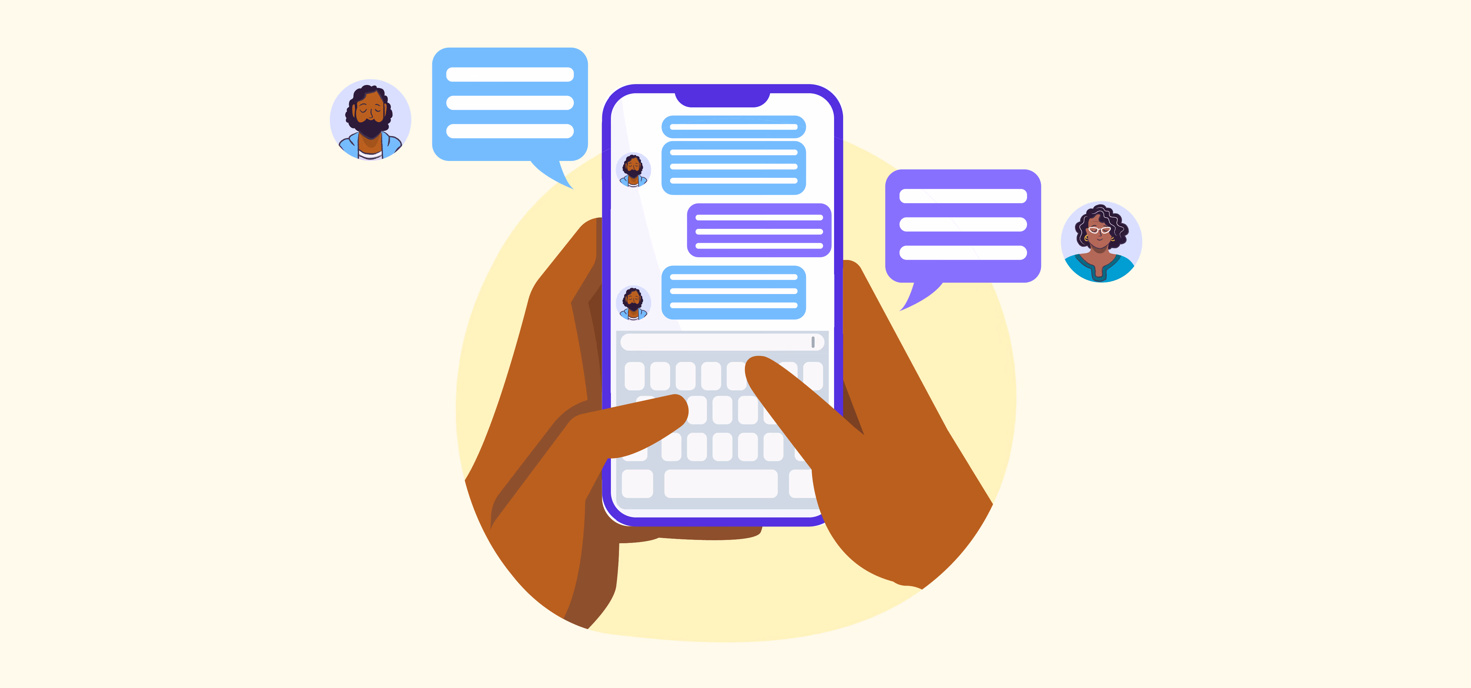 Hands holding smartphone showing a chat conversation with speech bubbles and user icons.