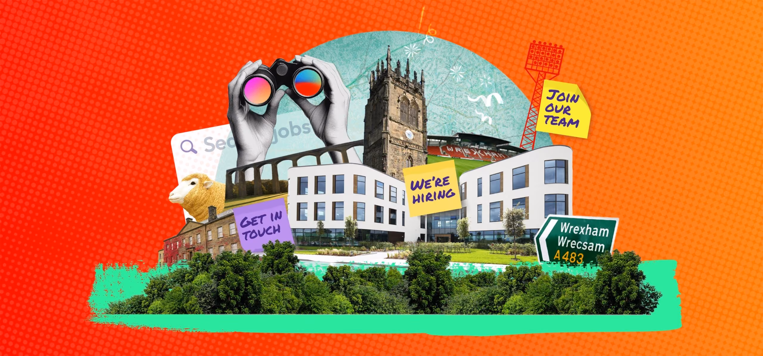 Collage of Wrexham landmarks, modern building, binoculars, sheep, and hiring signs on orange background.