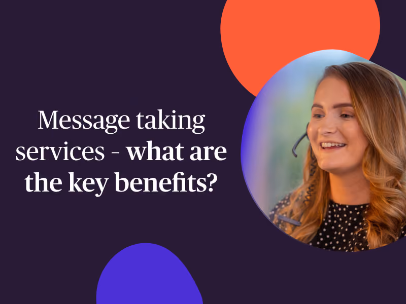 Smiling woman with headset next to text about message taking services and key benefits.