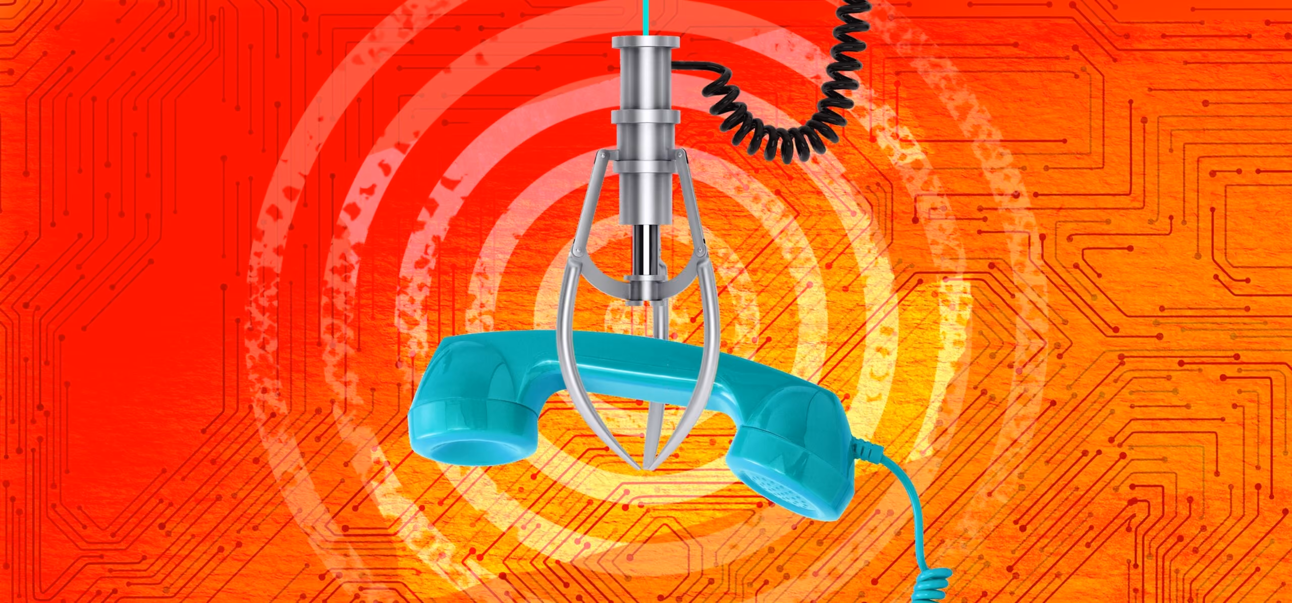 Mechanical claw holding a turquoise phone handset over a red-orange background with circuit patterns.