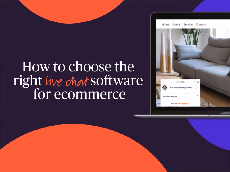Laptop displaying live chat window on a couch background with text about choosing live chat software for ecommerce.
