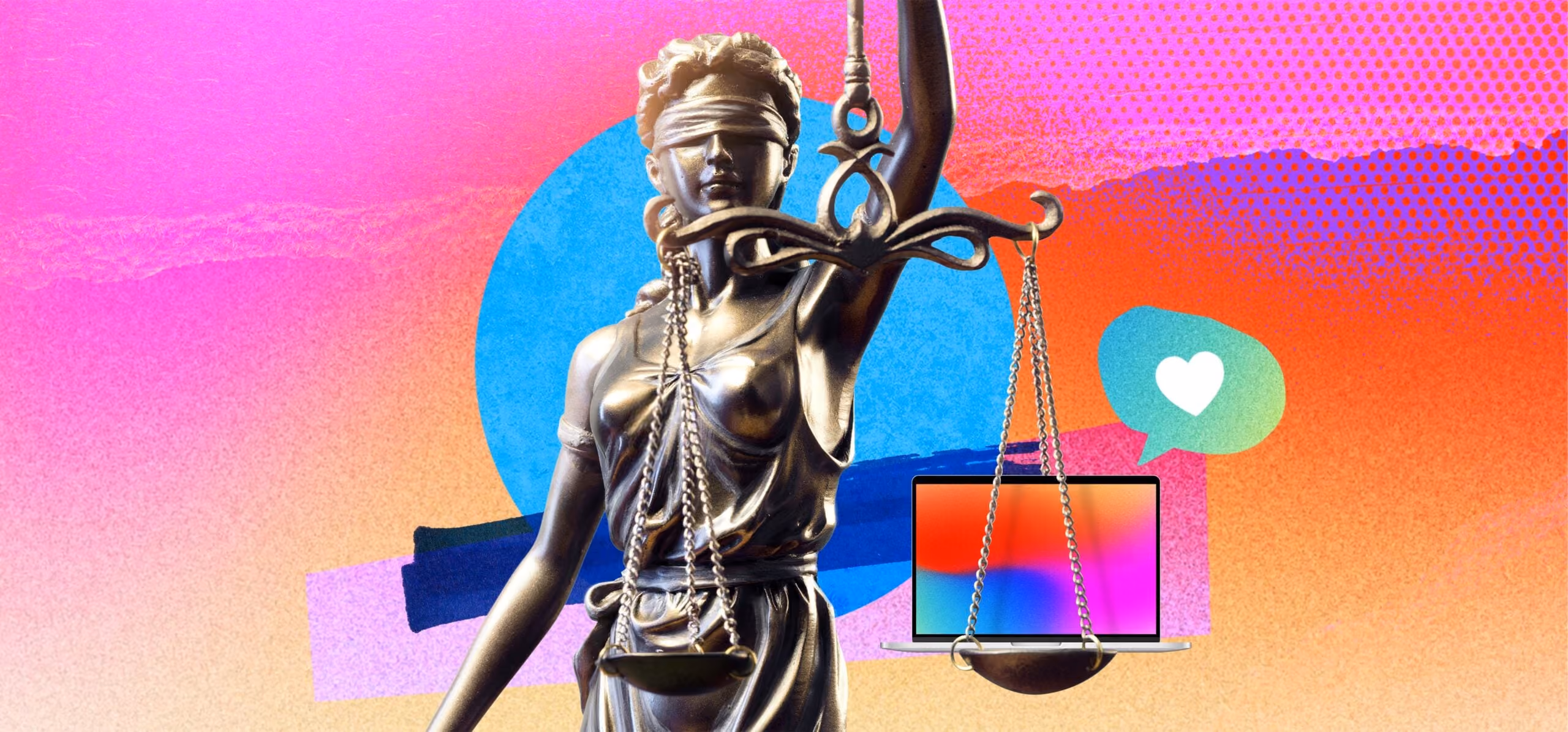 Statue of blindfolded Lady Justice holding scales with a laptop on one side and heart chat icon nearby.