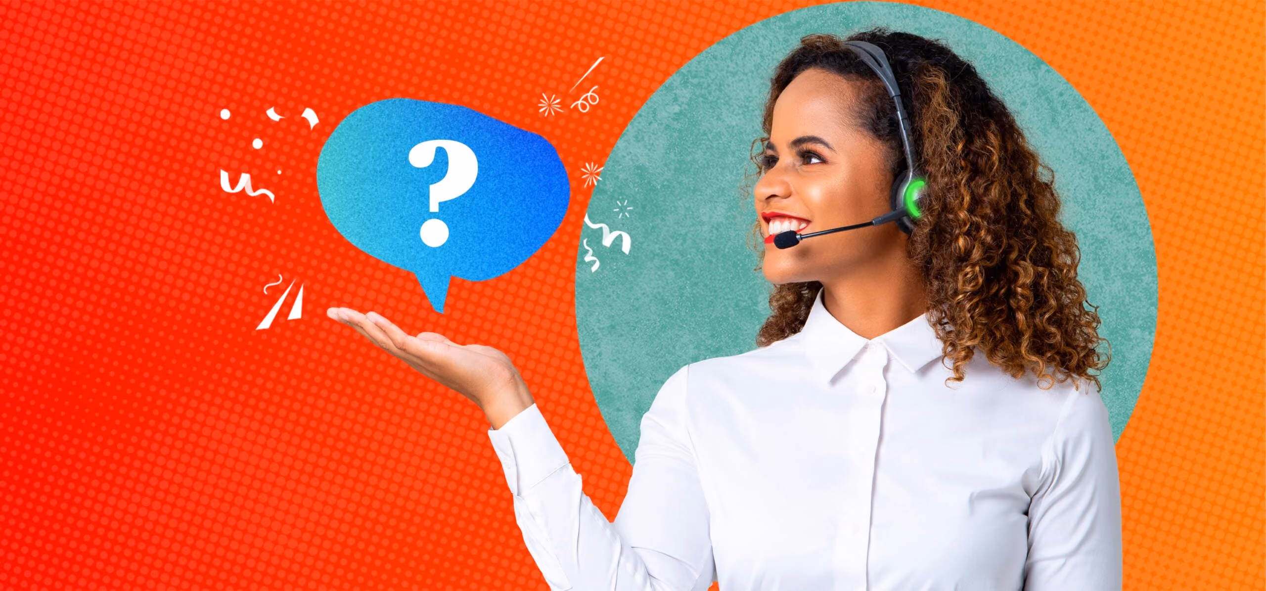 Smiling woman with curly hair wearing headset and white shirt, holding a blue speech bubble with a question mark.