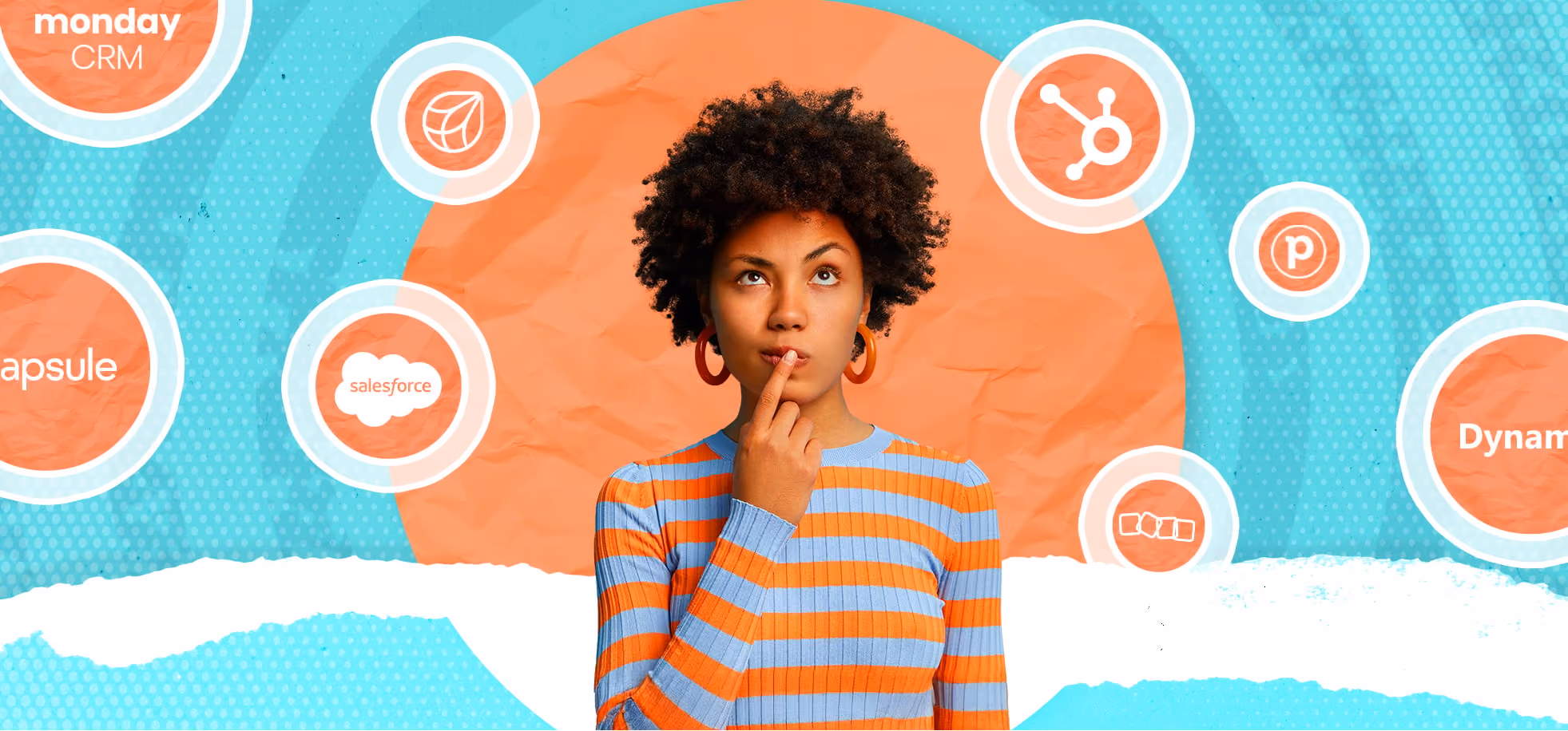 Thoughtful young woman in striped shirt with CRM logos like Salesforce and Monday around her.