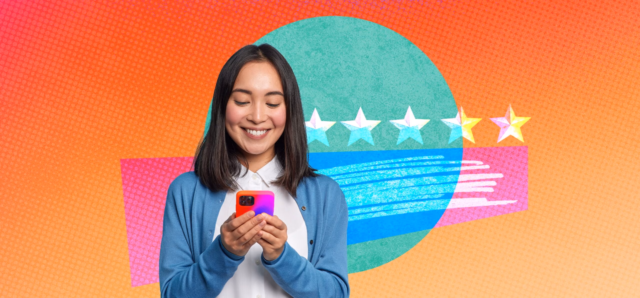 Smiling woman holding phone with colorful background and five stars rating behind her.