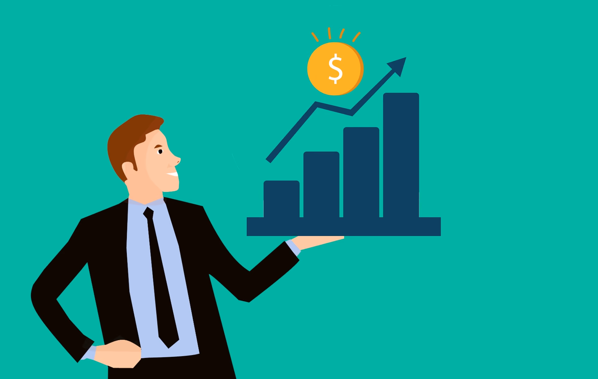 Illustration of a man in a suit holding a rising bar chart with a dollar symbol above it.