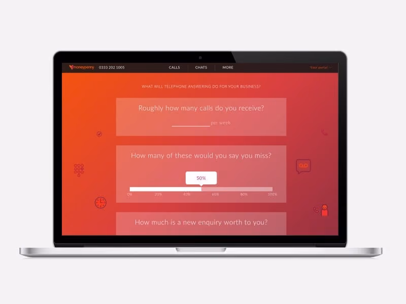 Laptop screen shows a business form asking about call volume, missed calls, and inquiry value.