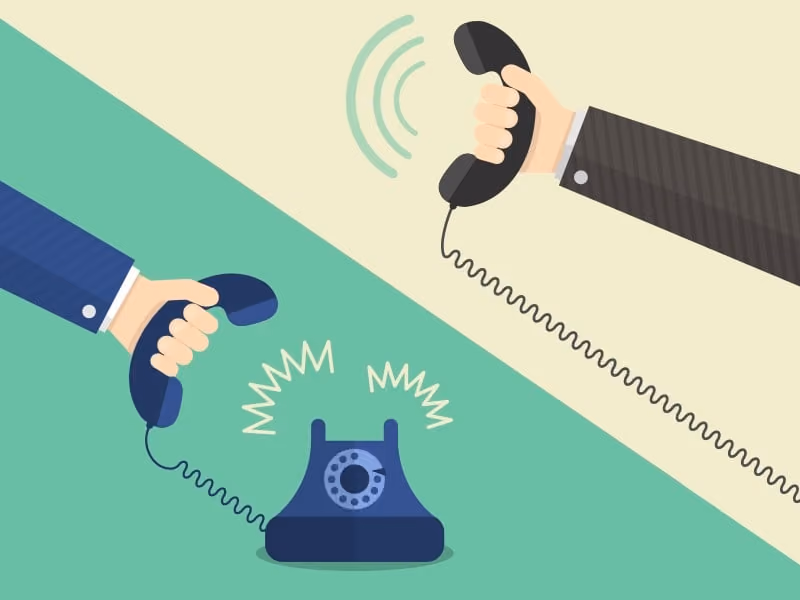 Illustration of two hands holding phone receivers connected to a ringing vintage rotary phone.