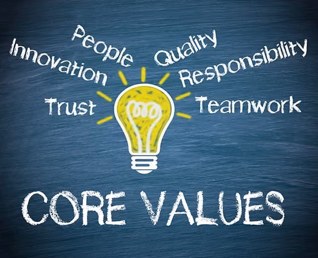 Yellow lightbulb with words innovation, trust, people, quality, responsibility, teamwork around and core values below.