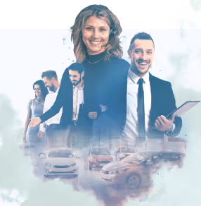 Group of smiling professionals above various cars, symbolizing automotive industry collaboration.
