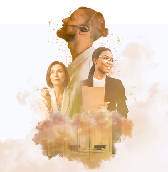 Collage of three professionals: man with headset, woman with pen, and woman with folder, over office background.