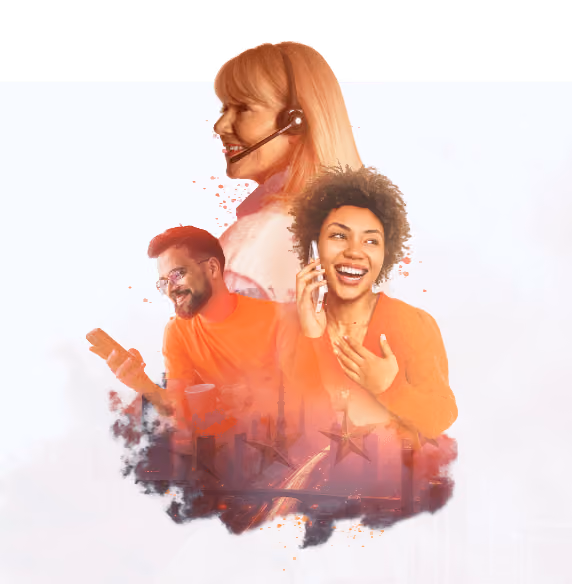 Smiling customer service woman with headset, man and woman happily using phones, with cityscape and stars below.