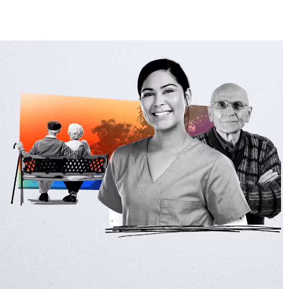 Smiling female healthcare worker with two elderly men, one sitting on bench and one standing, with colorful background.