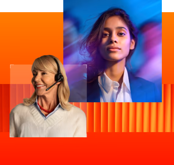 Portraits of two women: one smiling wearing a headset, the other looking forward with colorful blurred background.