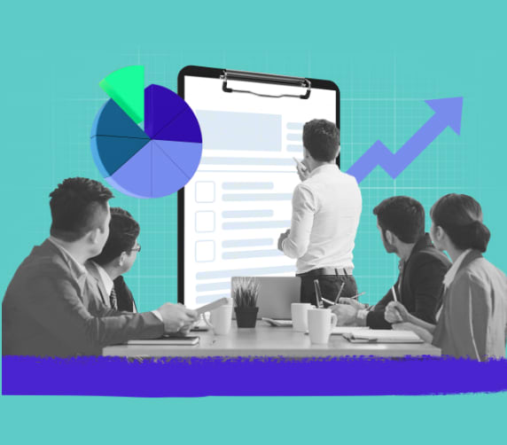 Business team watching a presenter at a clipboard with pie chart and upward arrow graphics.