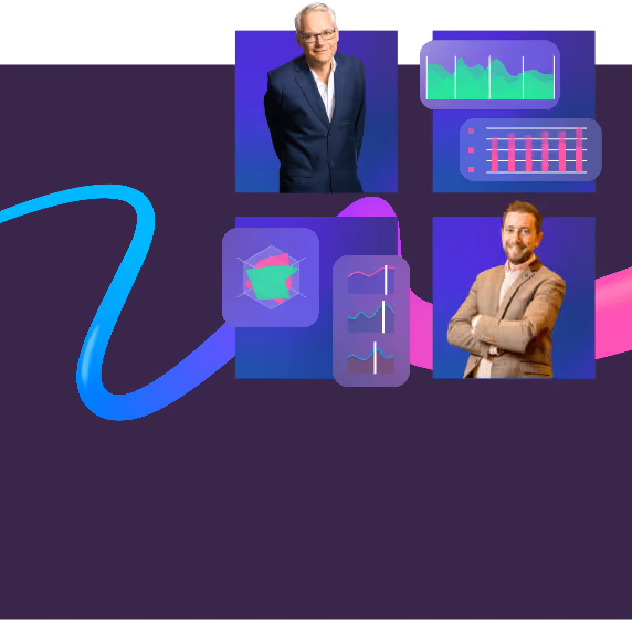 Two men in suits with data charts and graphs on a dark background with a blue to pink gradient line.