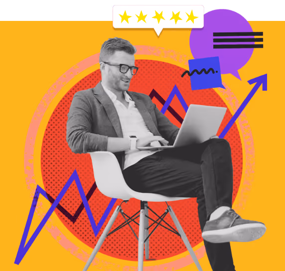 Man sitting on white chair using laptop with upward trending graph and five-star rating above him.