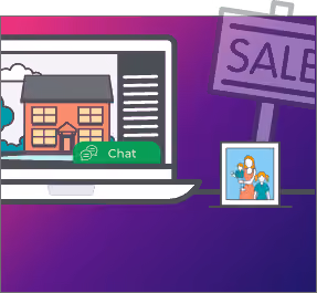 Illustration of a laptop with a house on screen and a chat icon next to it, plus a sale sign and family photo.