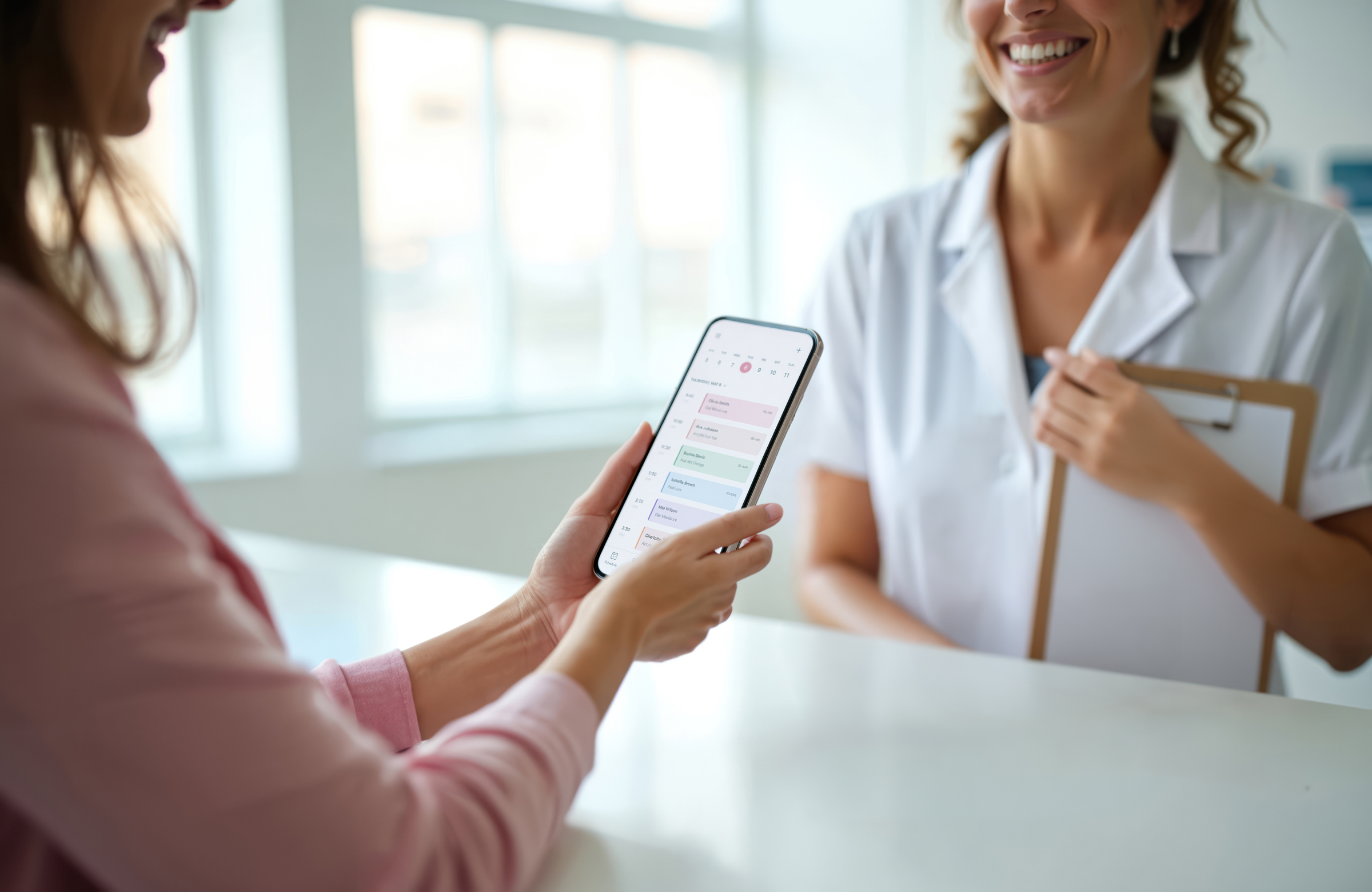 Woman showing a digital schedule on phone to smiling healthcare professional with clipboard.