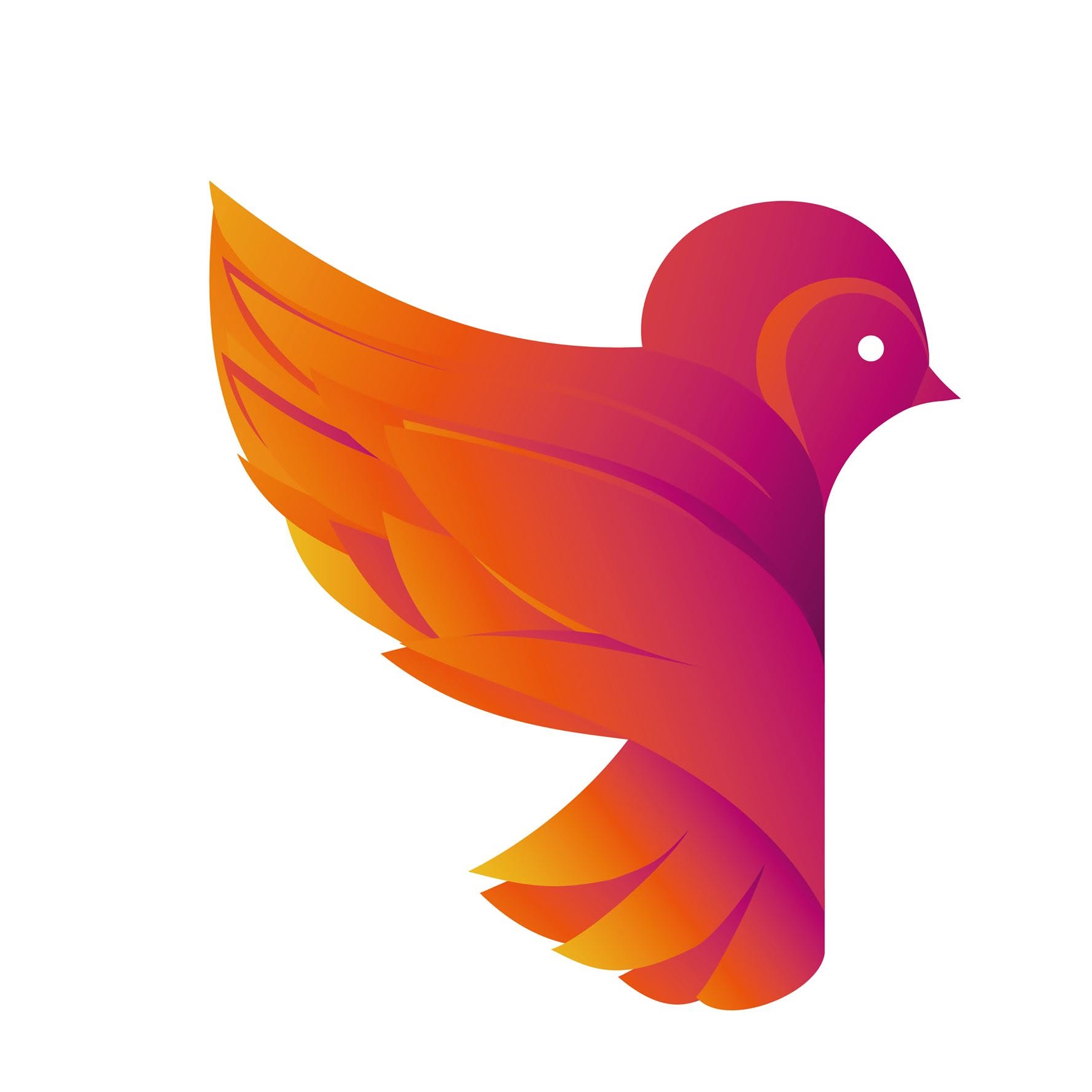 Stylized bird illustration with gradient feathers in shades of orange, magenta, and yellow.