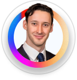 Portrait of a smiling man with dark hair in a suit inside a colorful circular frame.