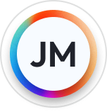 Circular icon with gradient border and bold initials JM in the center.